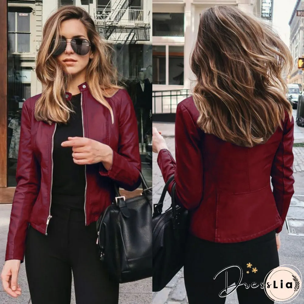 Women Spring Zipper Casual PU Leather Soft Motorcycle Leather Jacket Coat