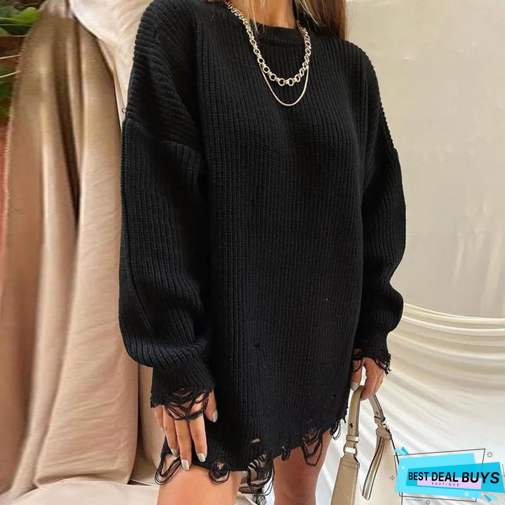 Loose Solid Color Hole Sweater Round Neck Pullover Long Sleeve Sweater