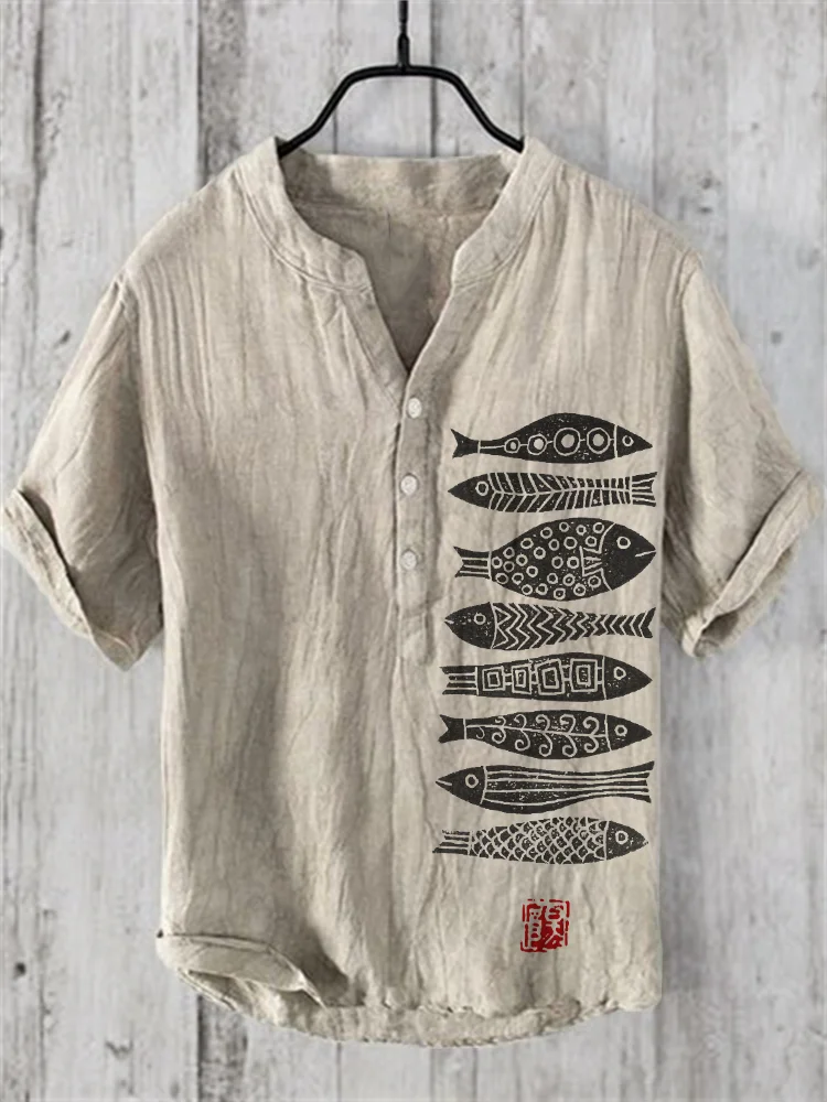 Fish Japanese Lino Art Vintage Linen Blend Shirt
