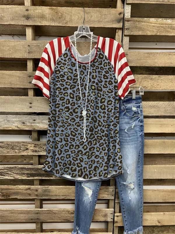 Leopard Print Contrast Pullover Crewneck Tops Women's T-shirts
