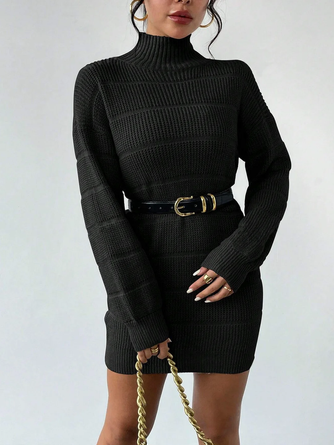 Nigikala Nigikala And Winter Half-High Collar Knitted Dress Women's Fashion Pure Color Sexy Bag Ass Skirt