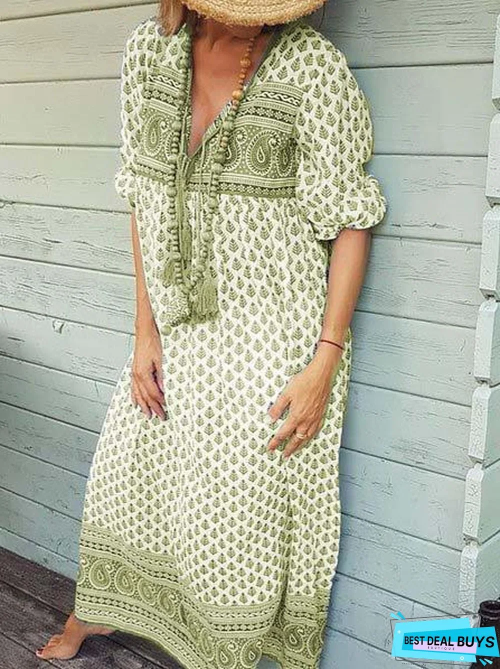 Floral V Neck Half Sleeve Cotton Summer Dress