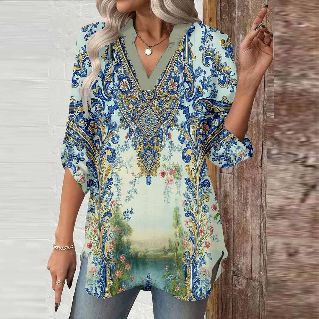 Women Retro, Paisley, Blue DZGA0176 3/4 Sleeve V-neck Printed Graphic Button Tops