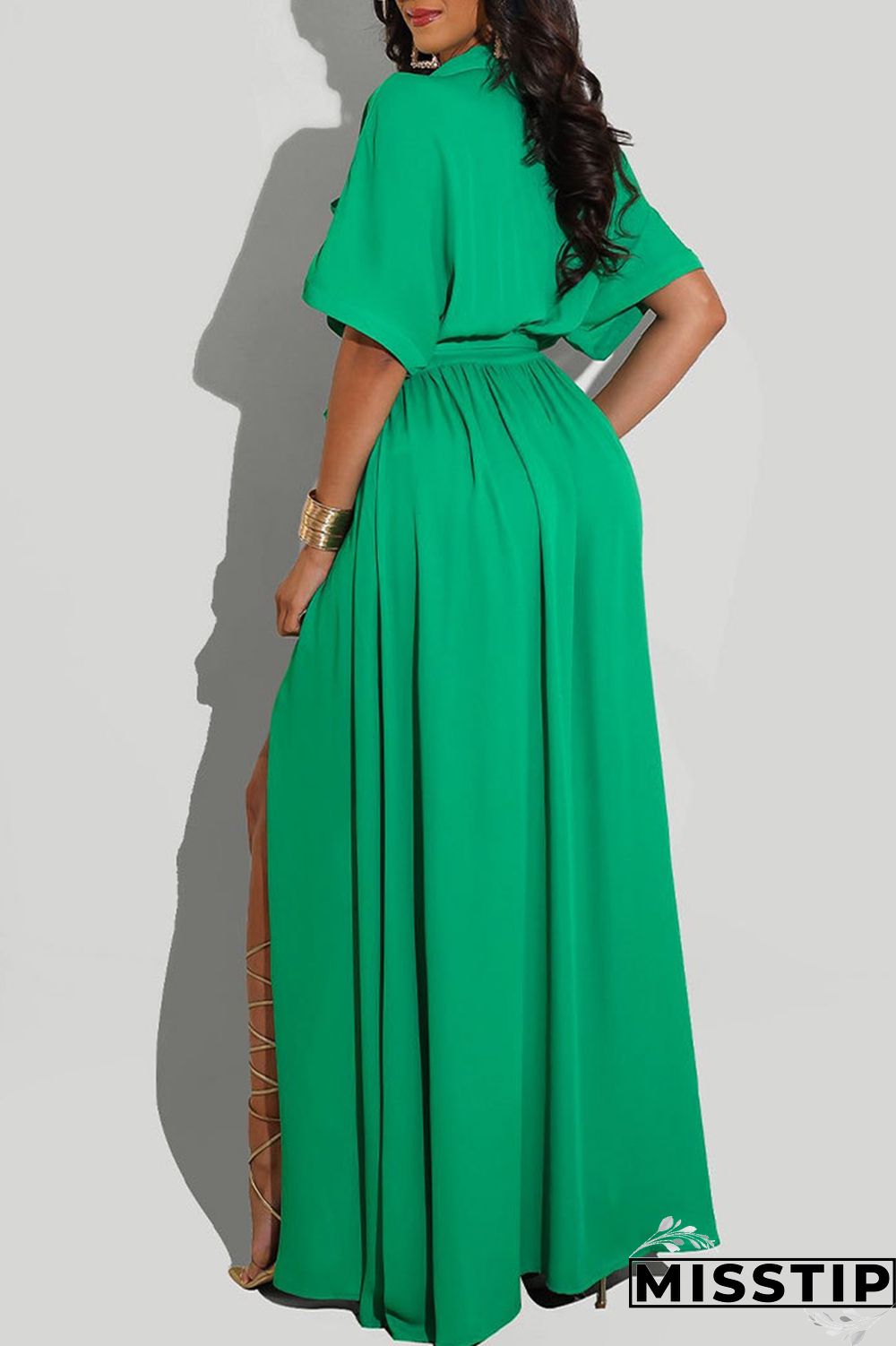 Green Fashion Casual Solid With Belt Turndown Collar Shirt Dress