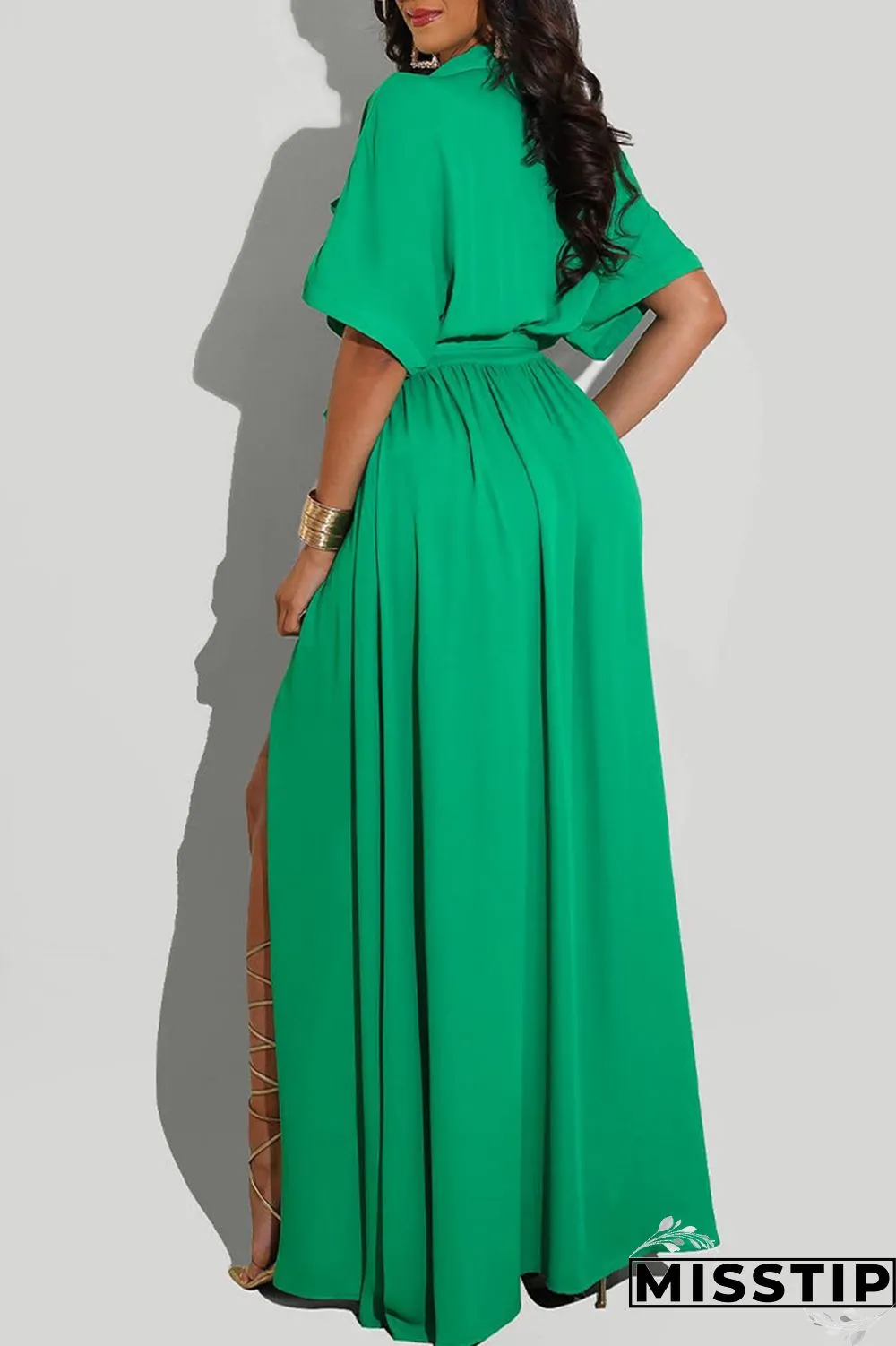 Green Fashion Casual Solid With Belt Turndown Collar Shirt Dress