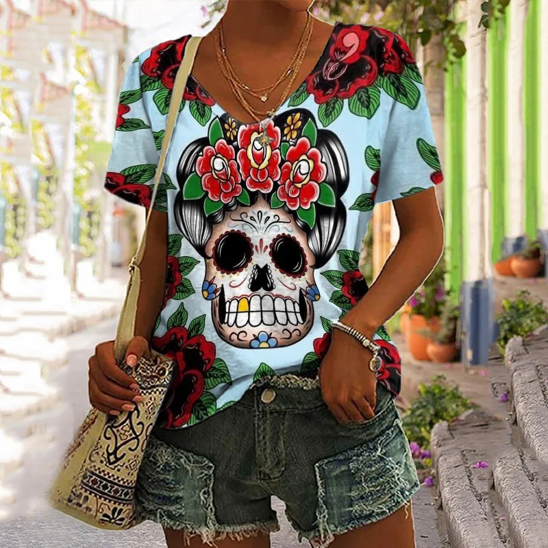 Floral Skull Print Short Sleeve T-Shirt