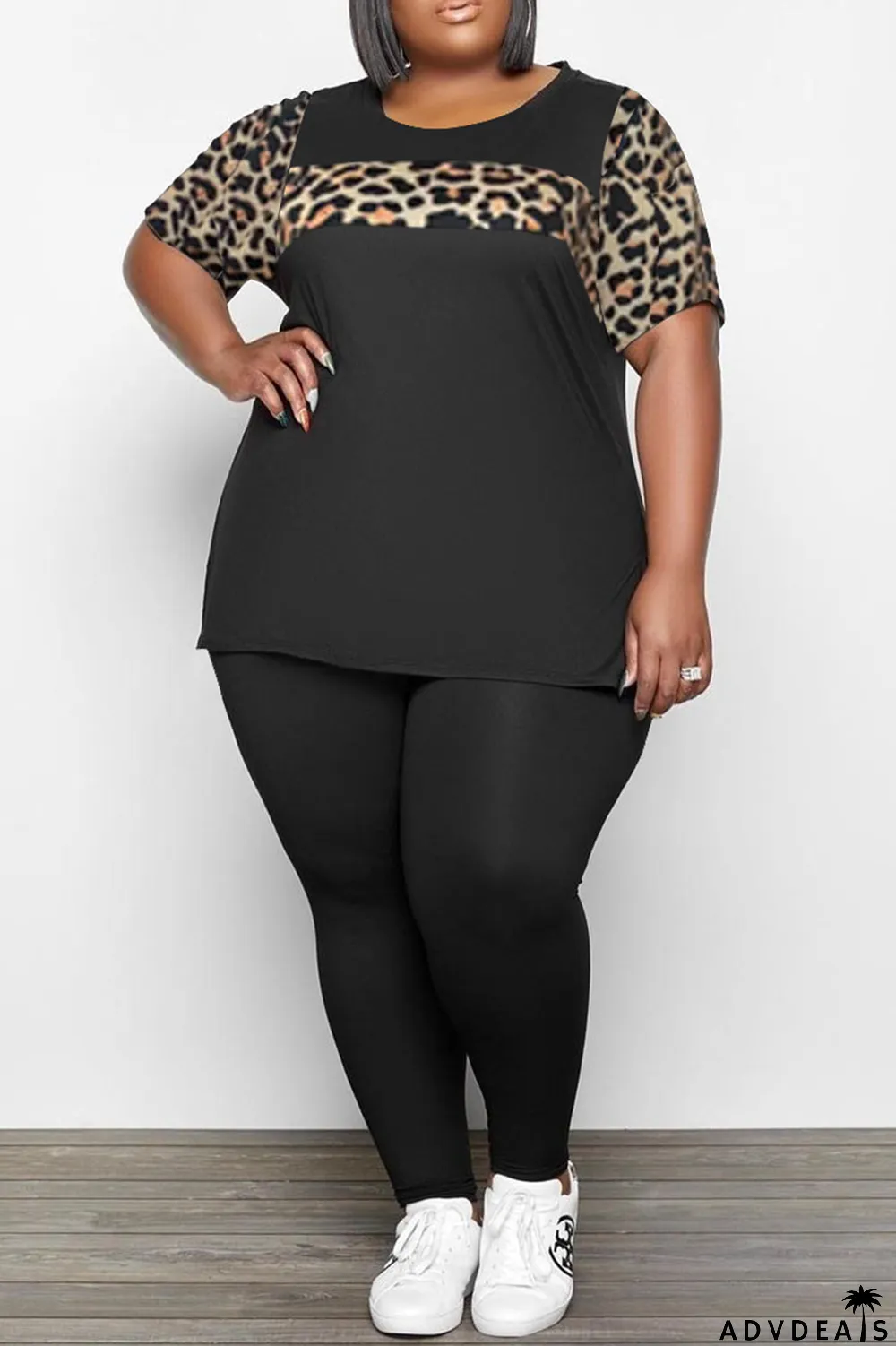 Black Casual Leopard Patchwork O Neck Plus Size Two Pieces