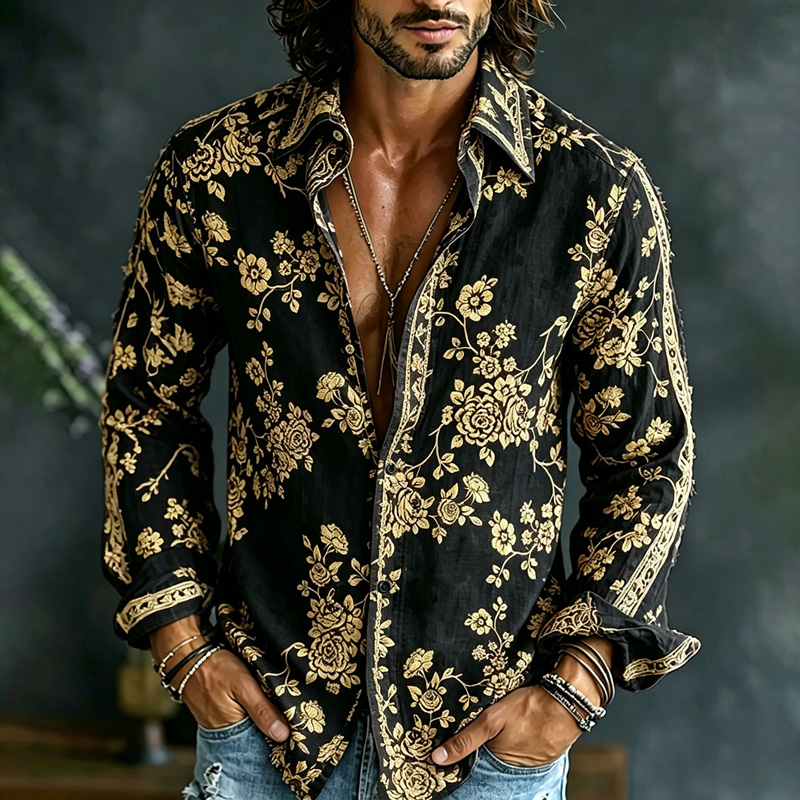 Men's Spring Summer Colorful Floral Embroidered Art Print Flowy Linen Blend Shirt  artssus