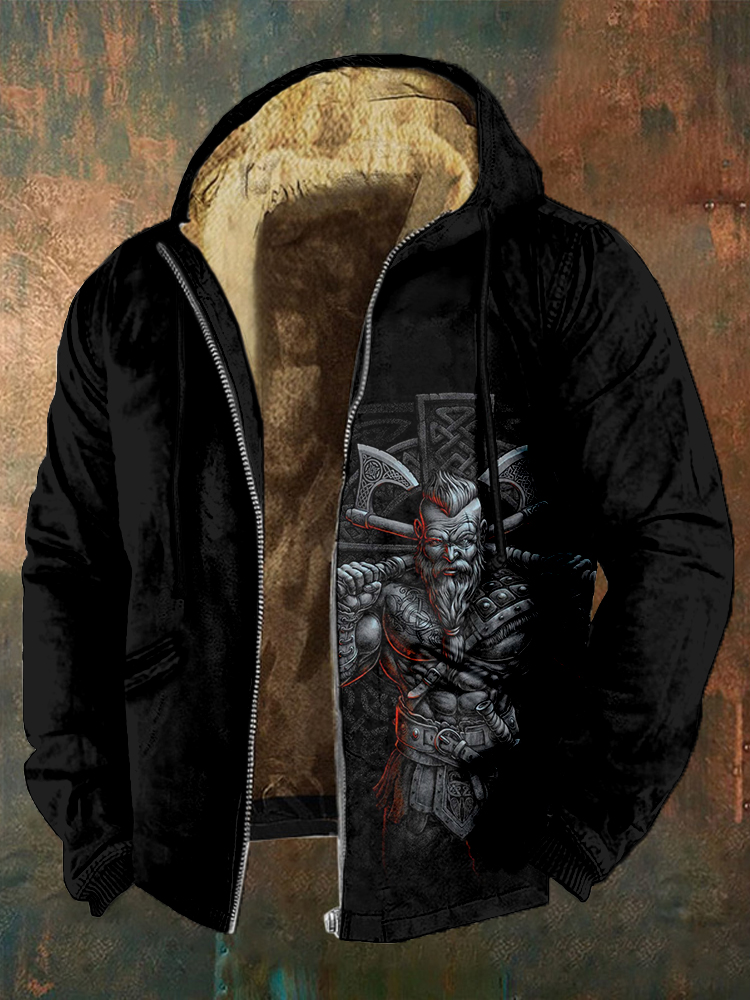 Men's Viking Berserker Pattern Print Full Zip Cozy Hoodie elevenforest