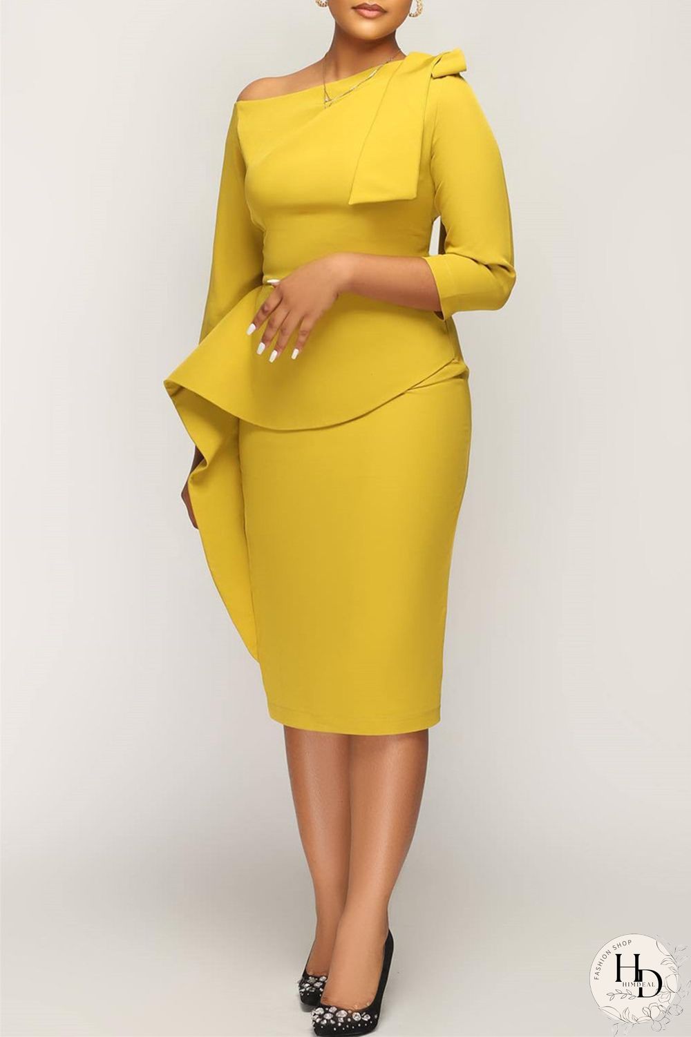 Yellow Casual Solid Patchwork Oblique Collar Irregular Dress Dresses