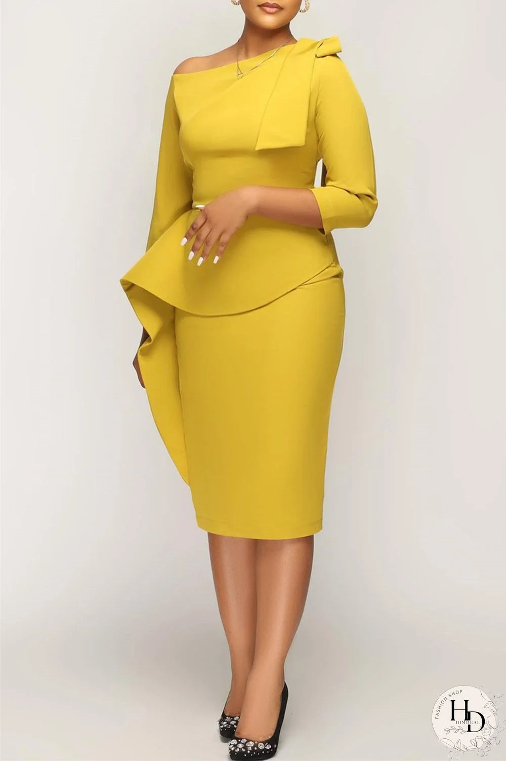 Yellow Casual Solid Patchwork Oblique Collar Irregular Dress Dresses
