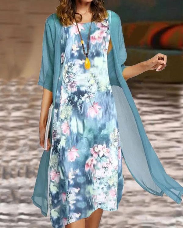 Two Piece Half Sleeve Printed Mesh Lace Casual Sexy Dress