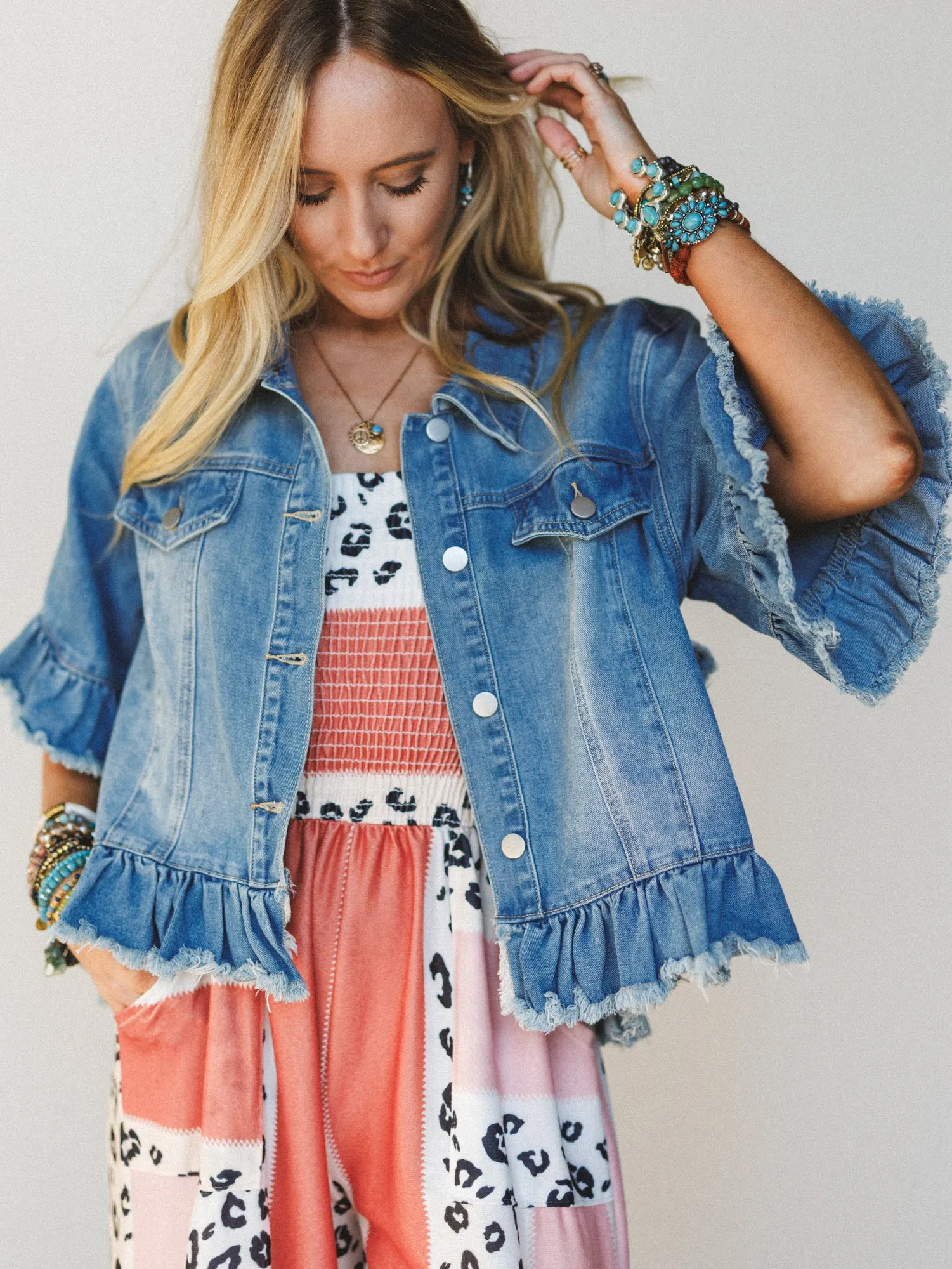 Scottie Ruffle Denim Jacket - Light Blue