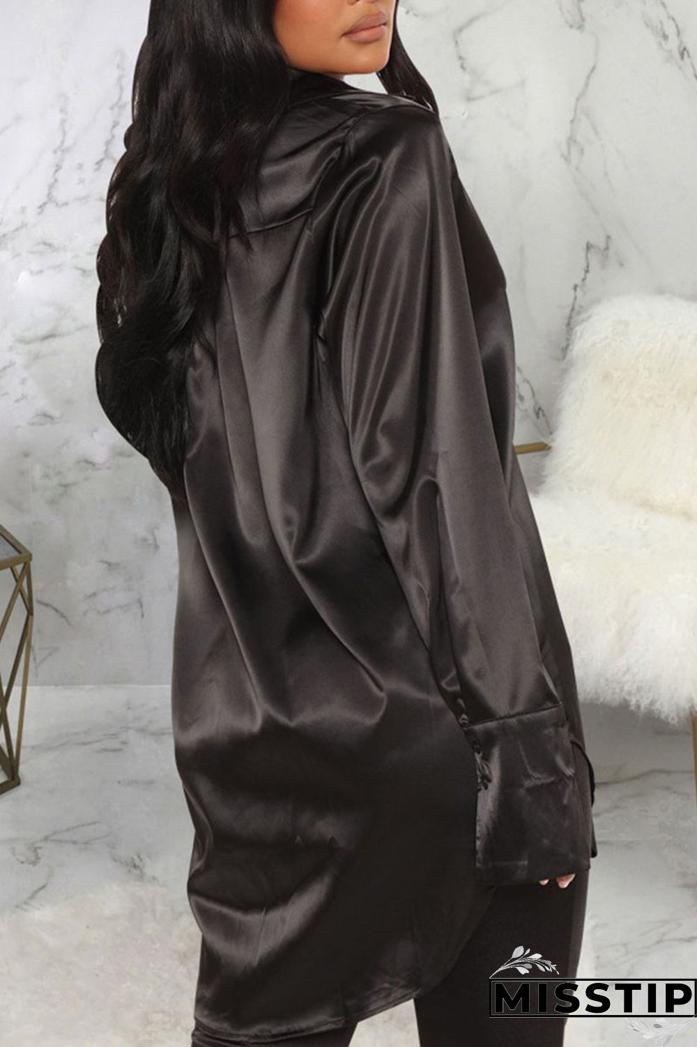 Black Casual Solid Patchwork Buckle Turndown Collar Tops