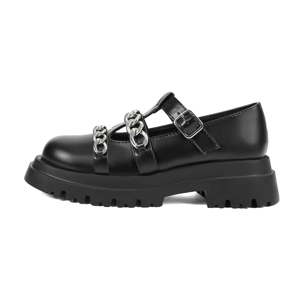 Women's Round Toe Lug Sole T-Strap Chain Mary Jane Shoes in Black Nicepairs