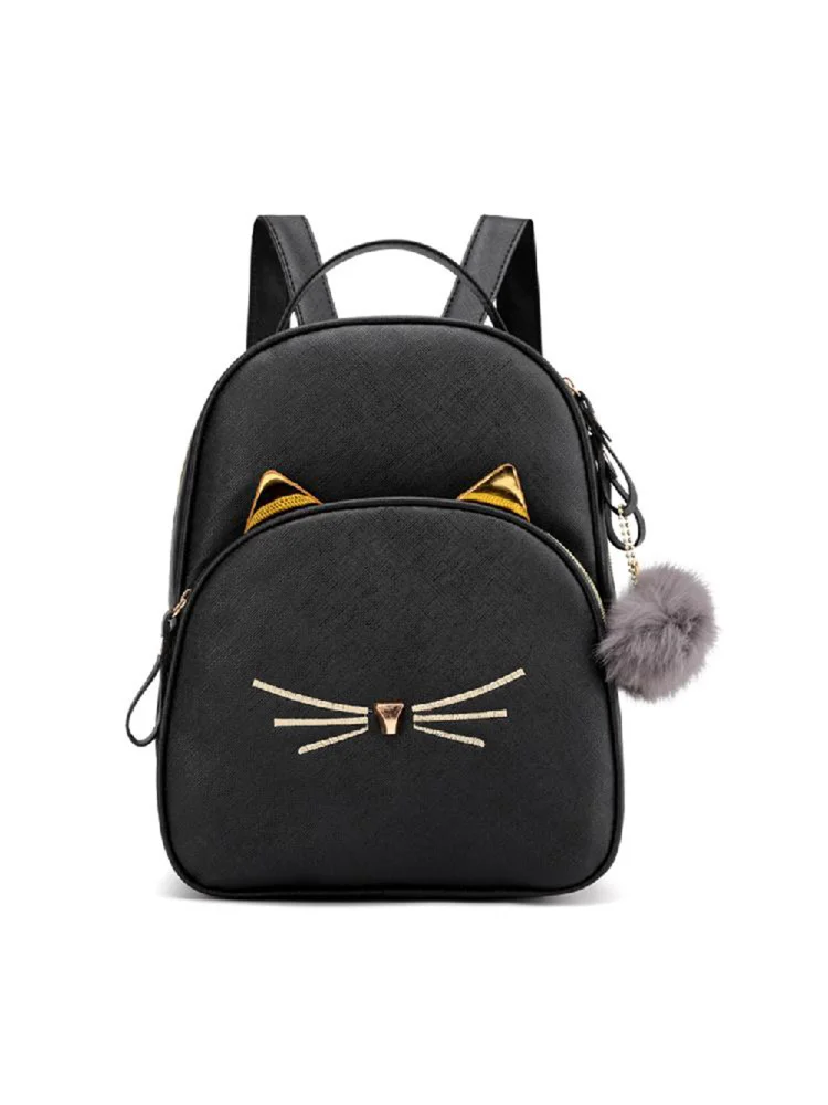 Teenagers Backpack Leather School Bags Girl Cartoon Square Satchel (Black)