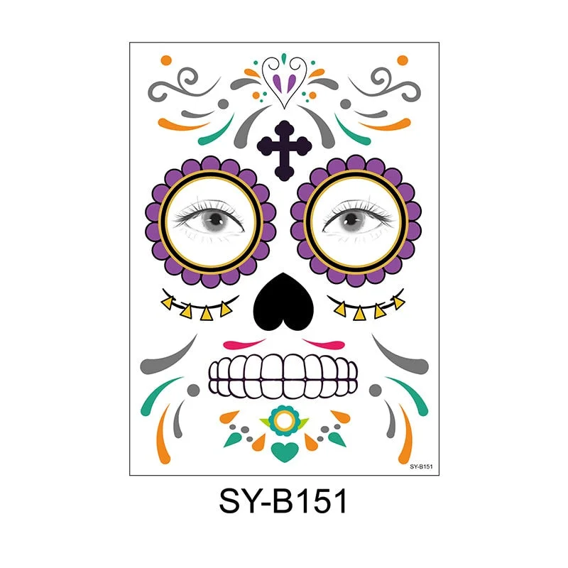 Facial Makeup Sticker Special Waterproof Face Tattoo Day Of The Dead Skull Face Dress Up Halloween Temporary Tattoo Stickers