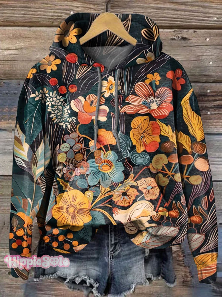 Vintage Floral Art Print Casual Hoodie Sweatshirt Multicolor / S