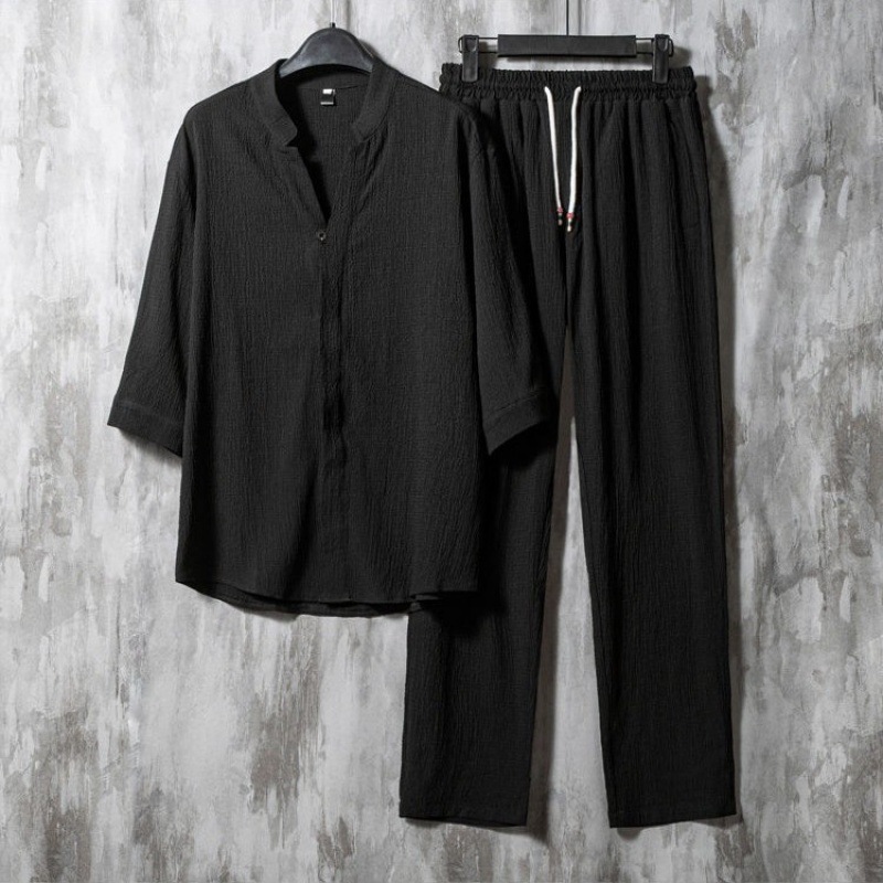 Vintage Linen Solid V-neck Half Sleeves Shirt And Pants Two-piece Set  artssus