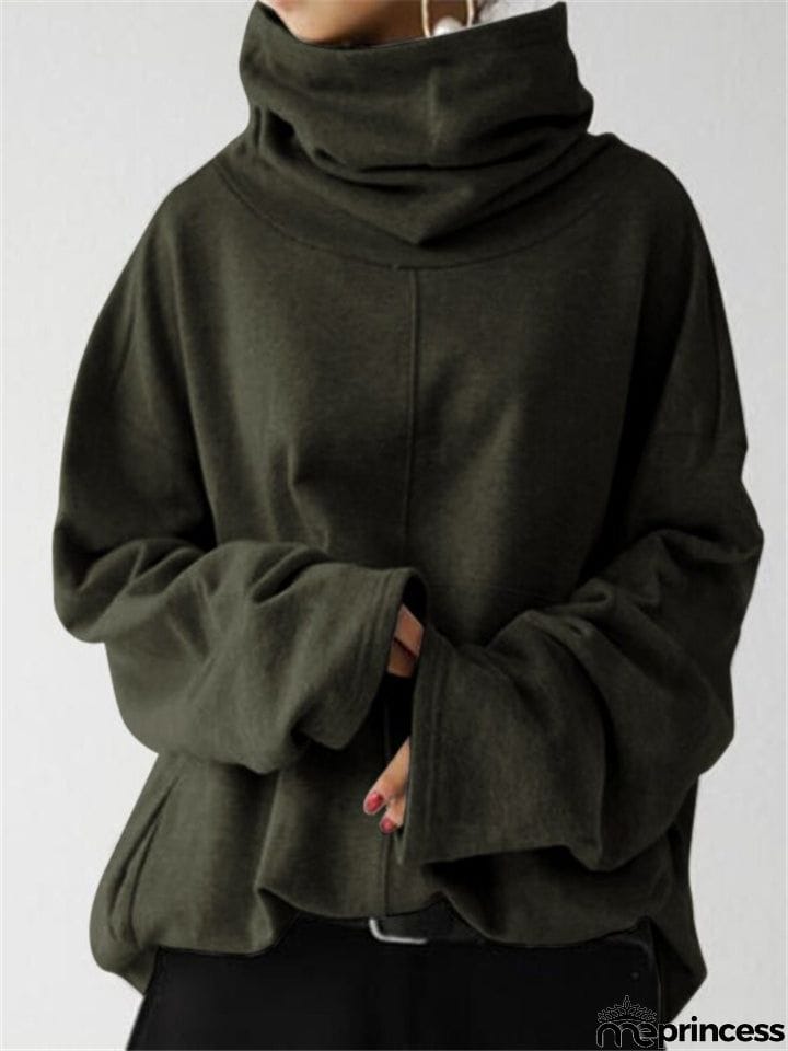 Loose Fit High Neck Long Sleeve Thicken Pullover Casual Sweatshirt