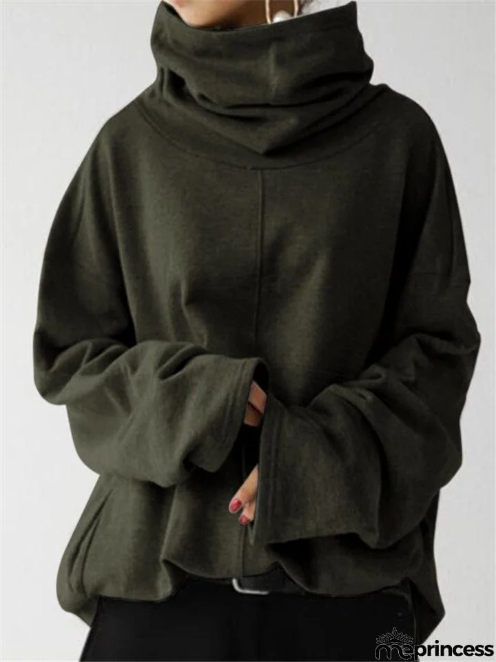 Loose Fit High Neck Long Sleeve Thicken Pullover Casual Sweatshirt