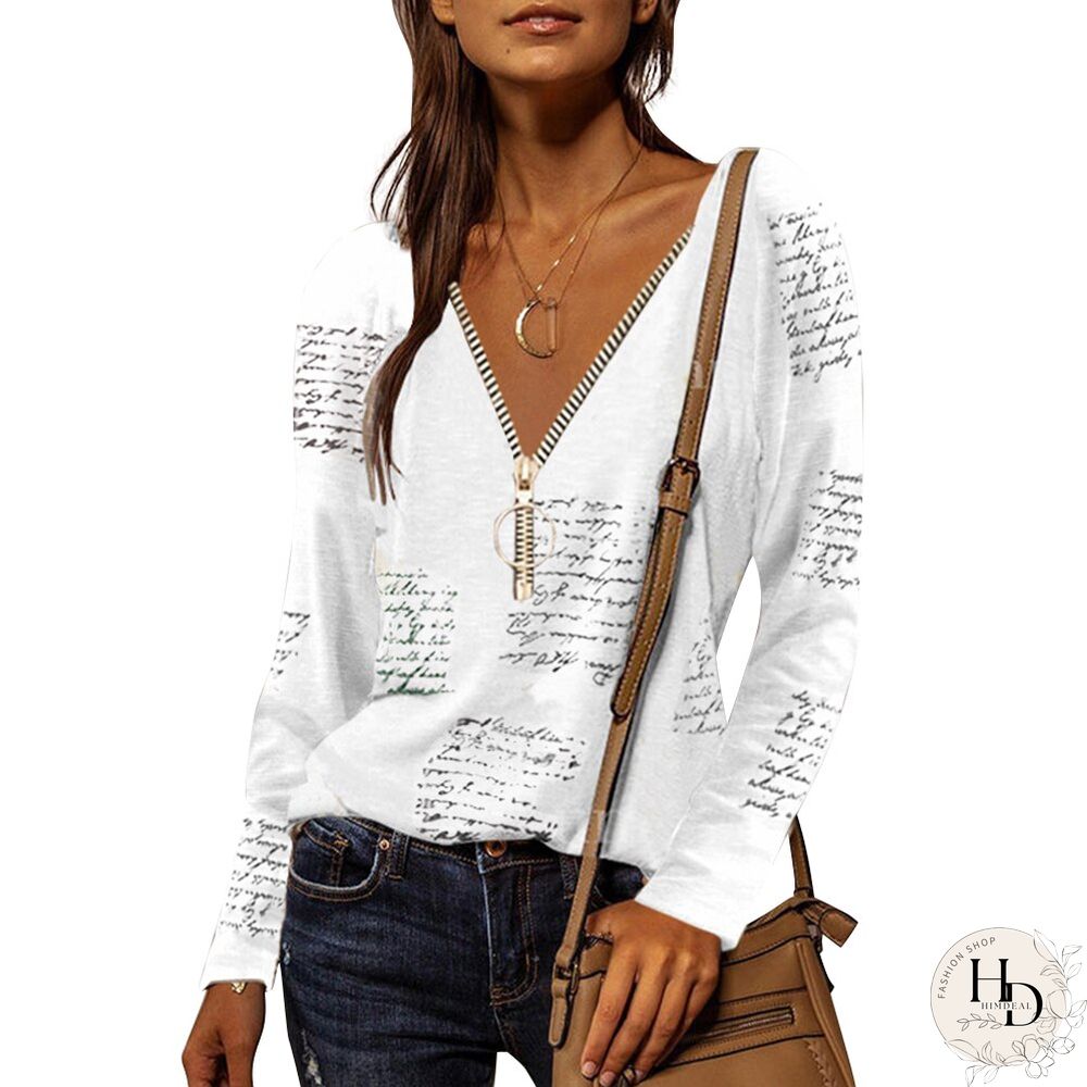 Spring Autumn V-Neck Zipper T-Shirt Letter Printing Long Sleeve Tops Women Casual Loose Tee Office Lady Elegant Tops D30
