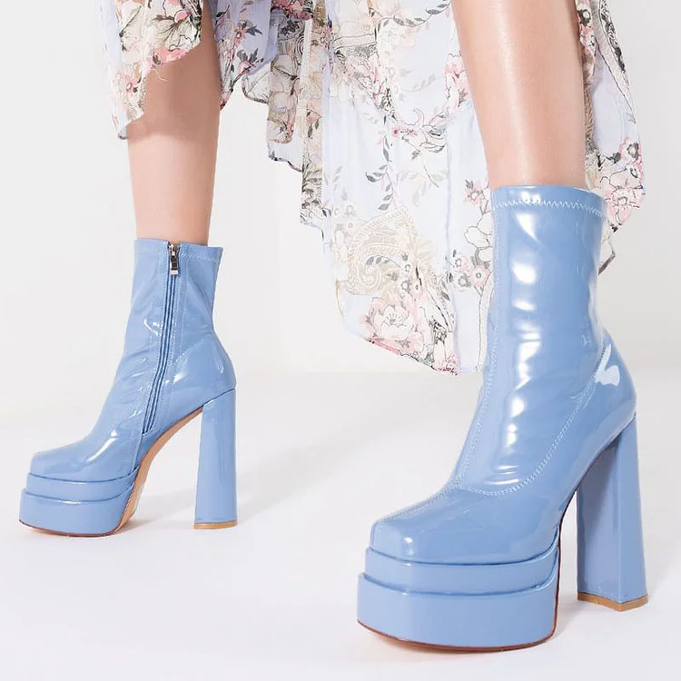 Blue Square Toe Patent Chunky Heel Ankle Booties Vdcoo