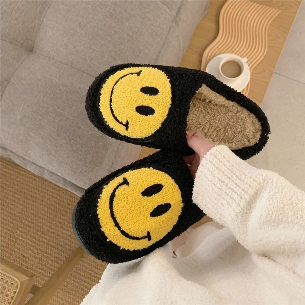 Smiley Face Women Winter Home Fur Slippers Indoor Footwear Cozy Cute Cartoon Pattern Slip on Plush Slides House Ladies Shoes