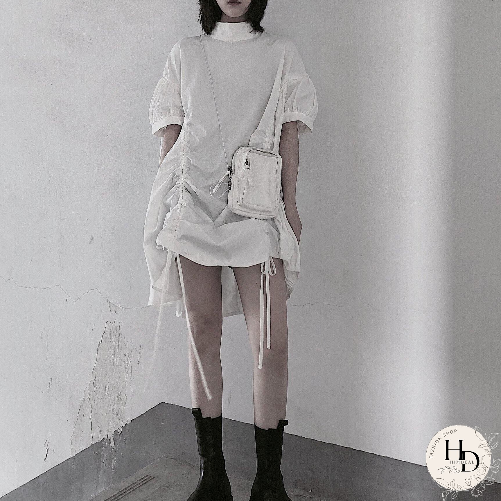 Modern White Dresses O Neck Drawstring loose Dress