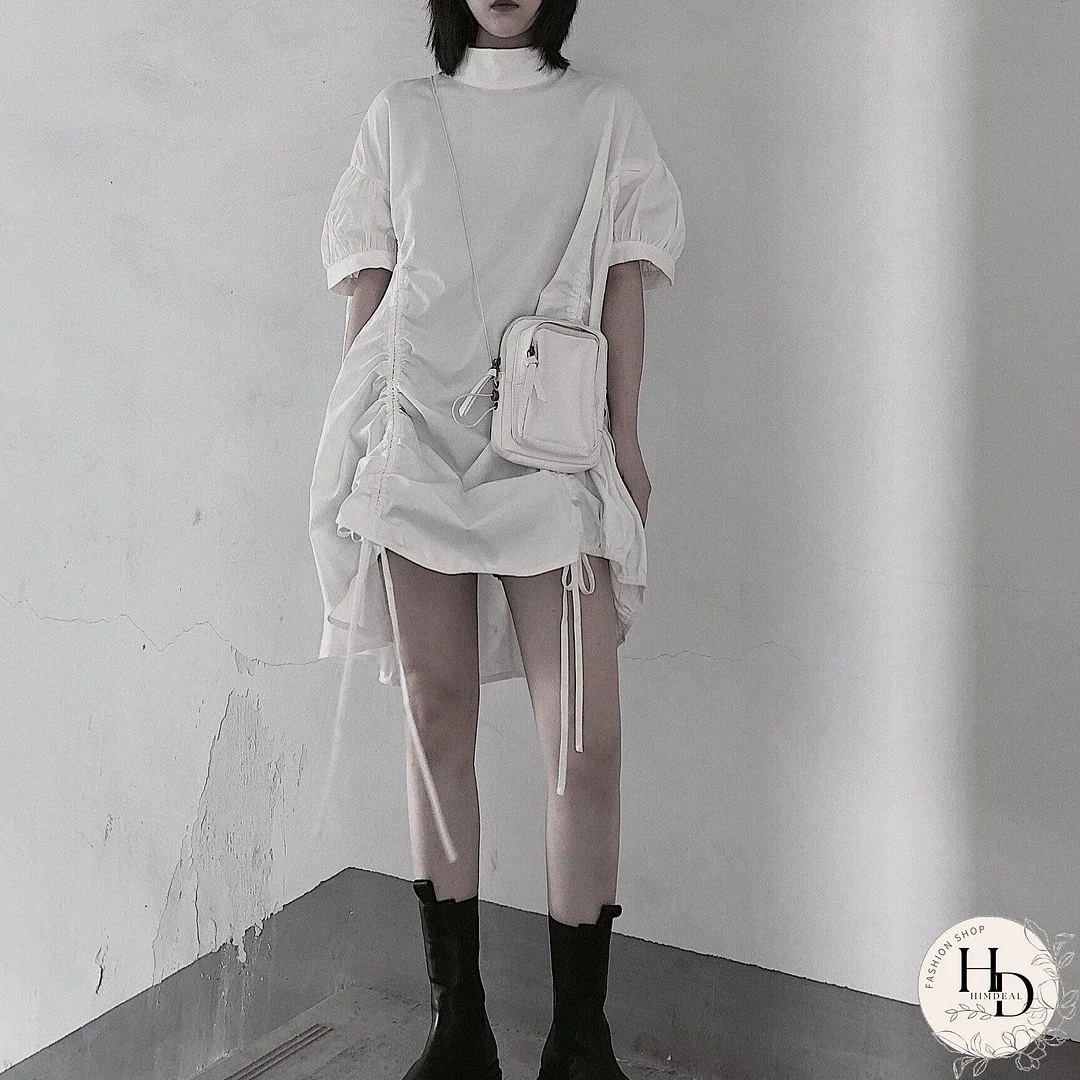 Modern White Dresses O Neck Drawstring loose Dress