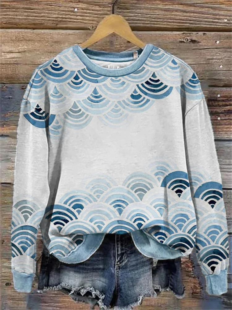 Sea Waves Ancient Japanese Watercolor Art Sweatshirt