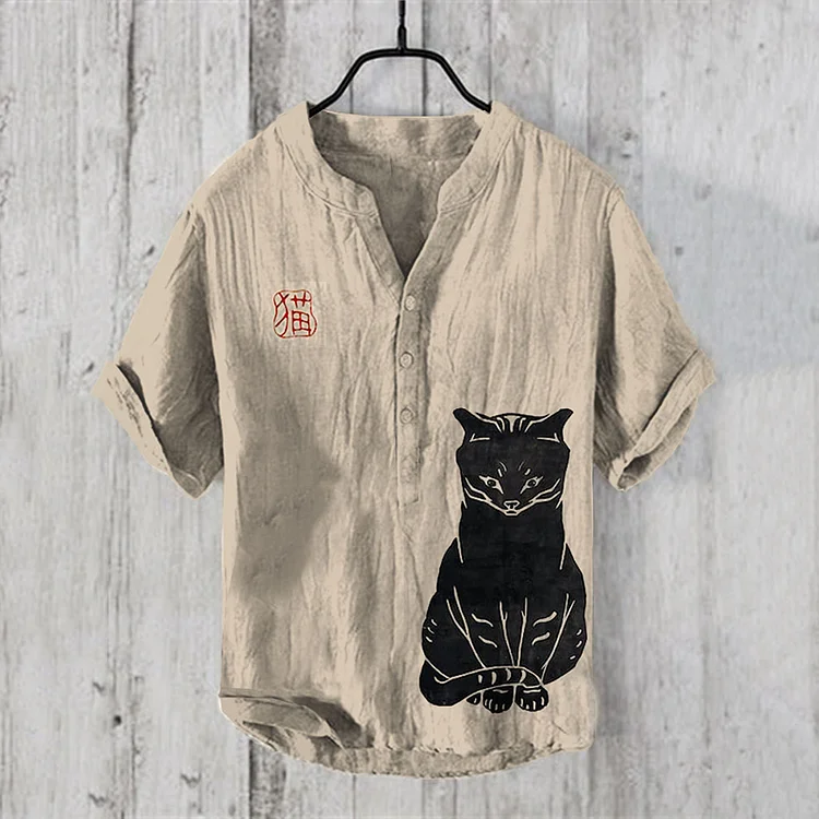 Black Cat Print V-Neck Short Sleeved Linen Blend Shirt