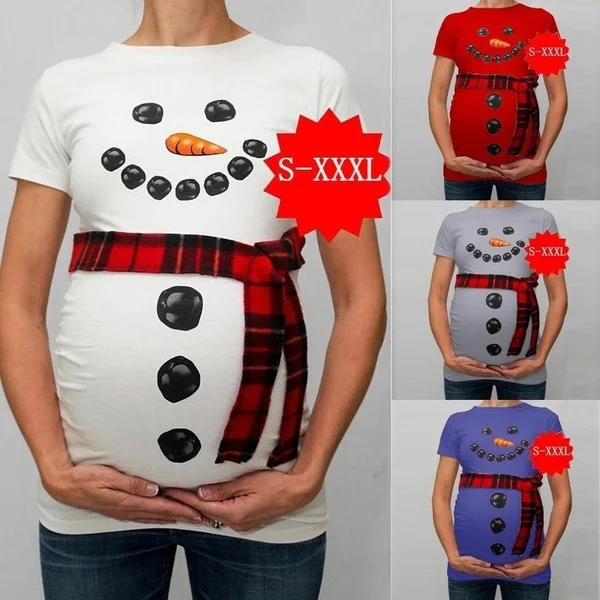 S-3XL Women's Fashion Funny Snowman Print Pregnant Maternity T Shirts Casual Pregnancy Clothes for Pregnant Women
