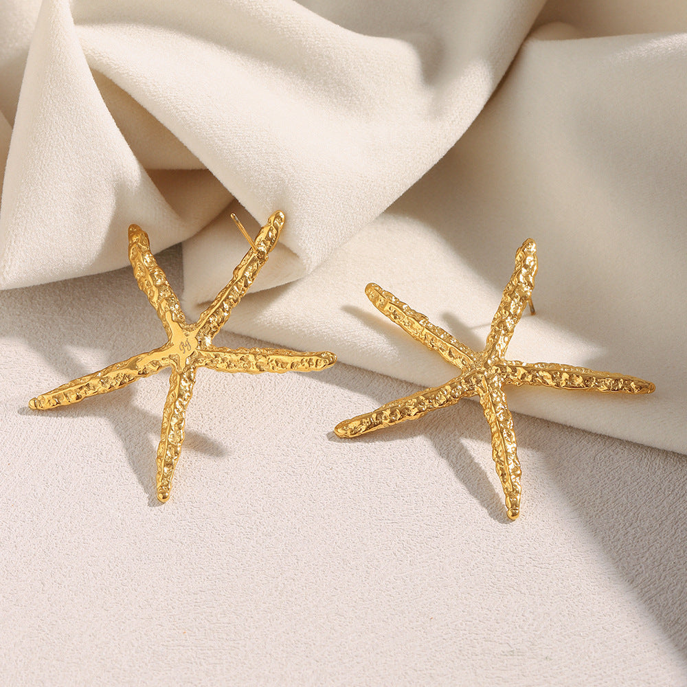 Ins Style Exaggerated Ocean Style Earrings Stainless Steel 18K Gold Plated Hammered Starfish Earrings