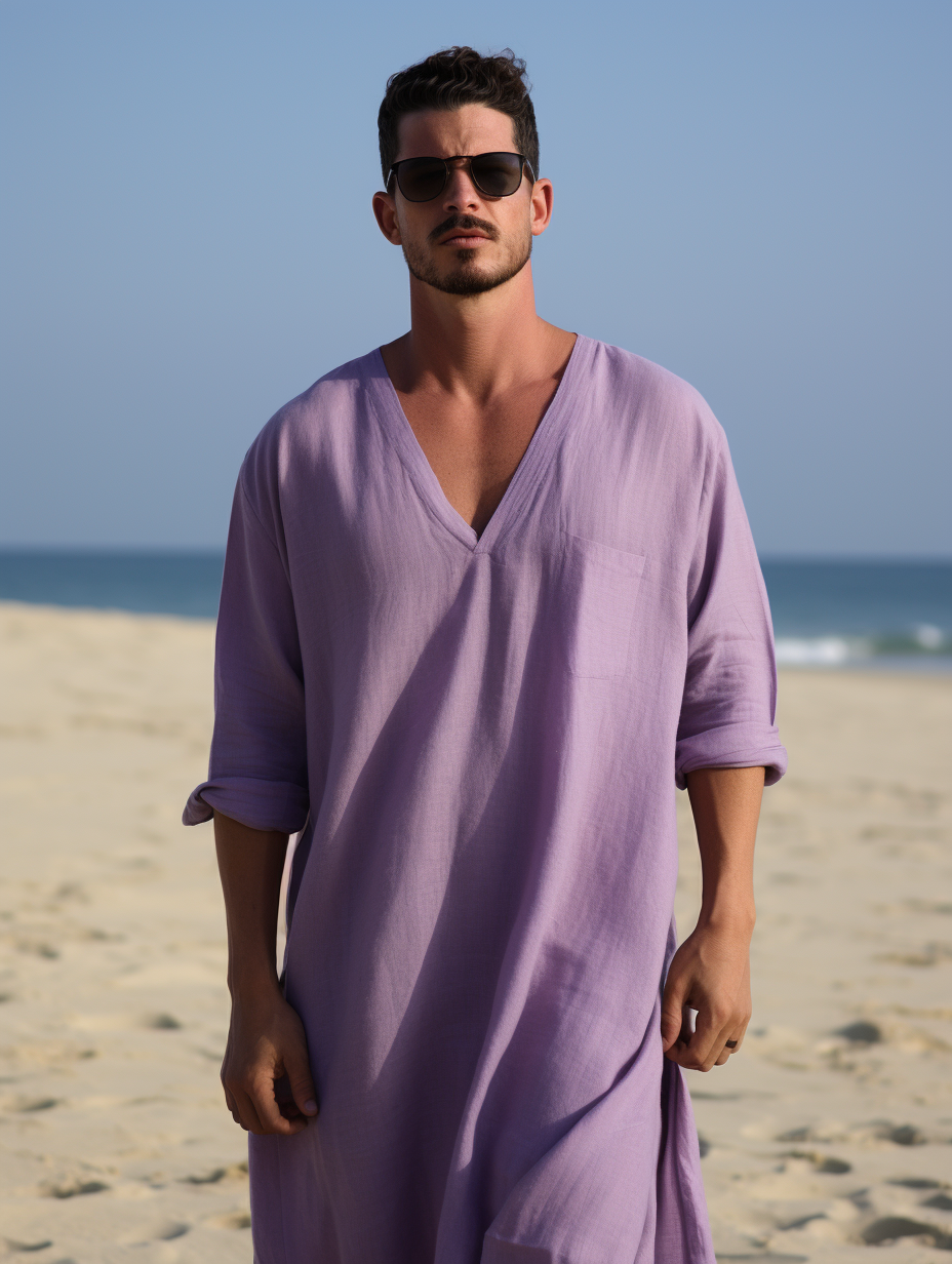 Light Purple Men Linen V-neck Kaftan Solid Long Caftan