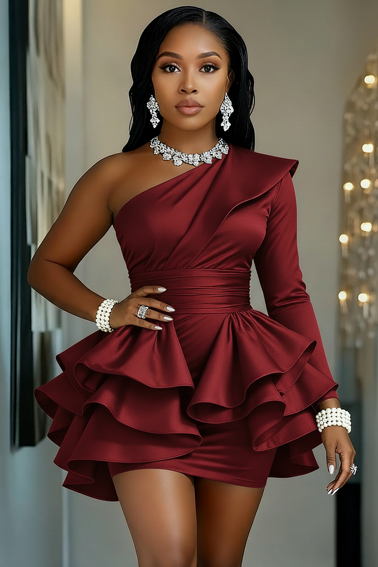 One Shoulder Long Sleeve Tiered Hem Party Mini Dresses-Black