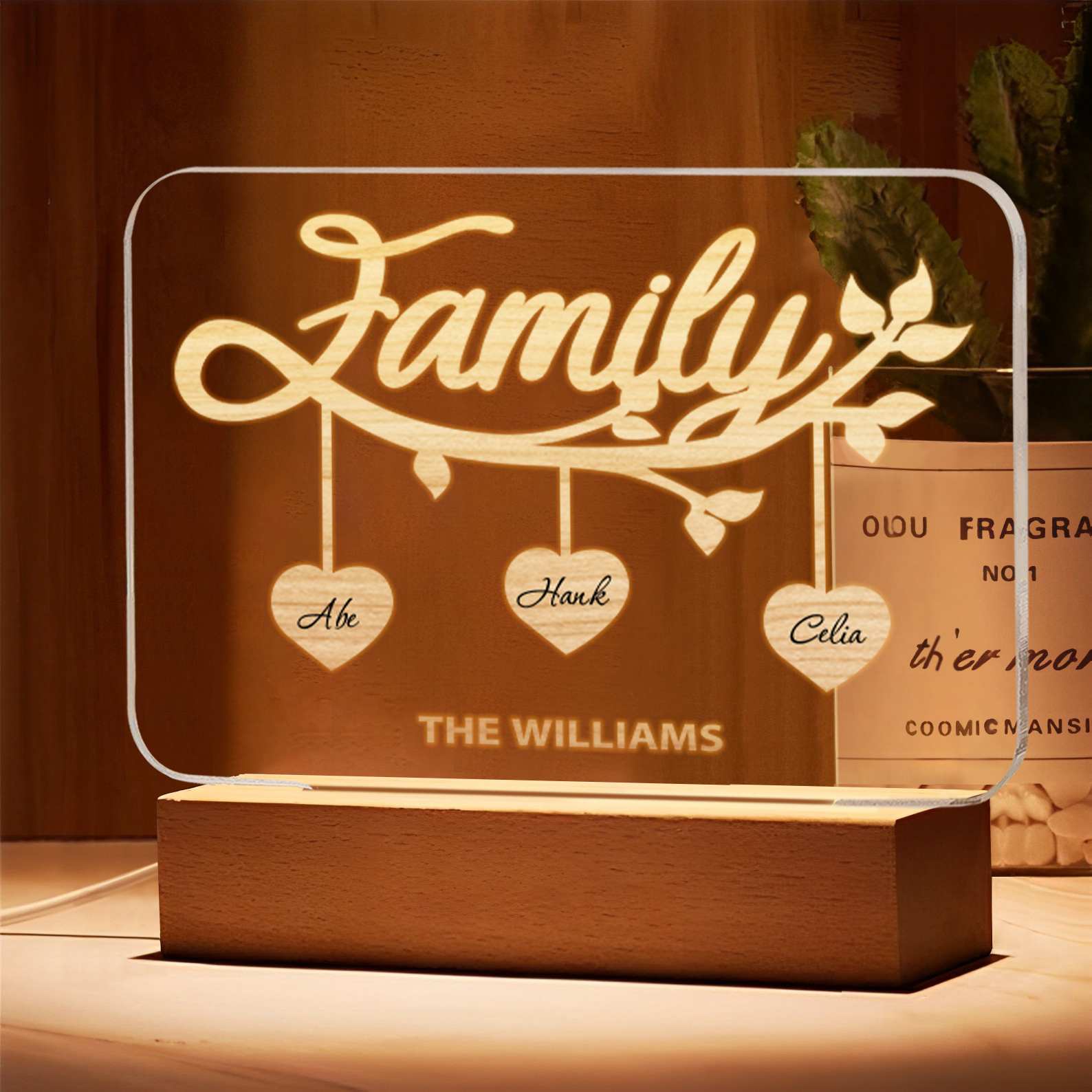 3 Names-Personalized Family Frame Custom Text LED Night Light Mother's ...