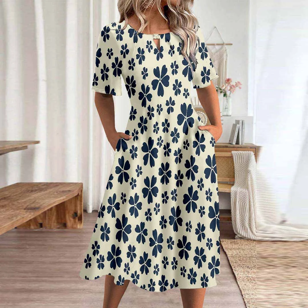 Women Floral,Blue DZHA8073 Short Sleeve Scoop Neck Graphic Printed Hollow Midi Dress