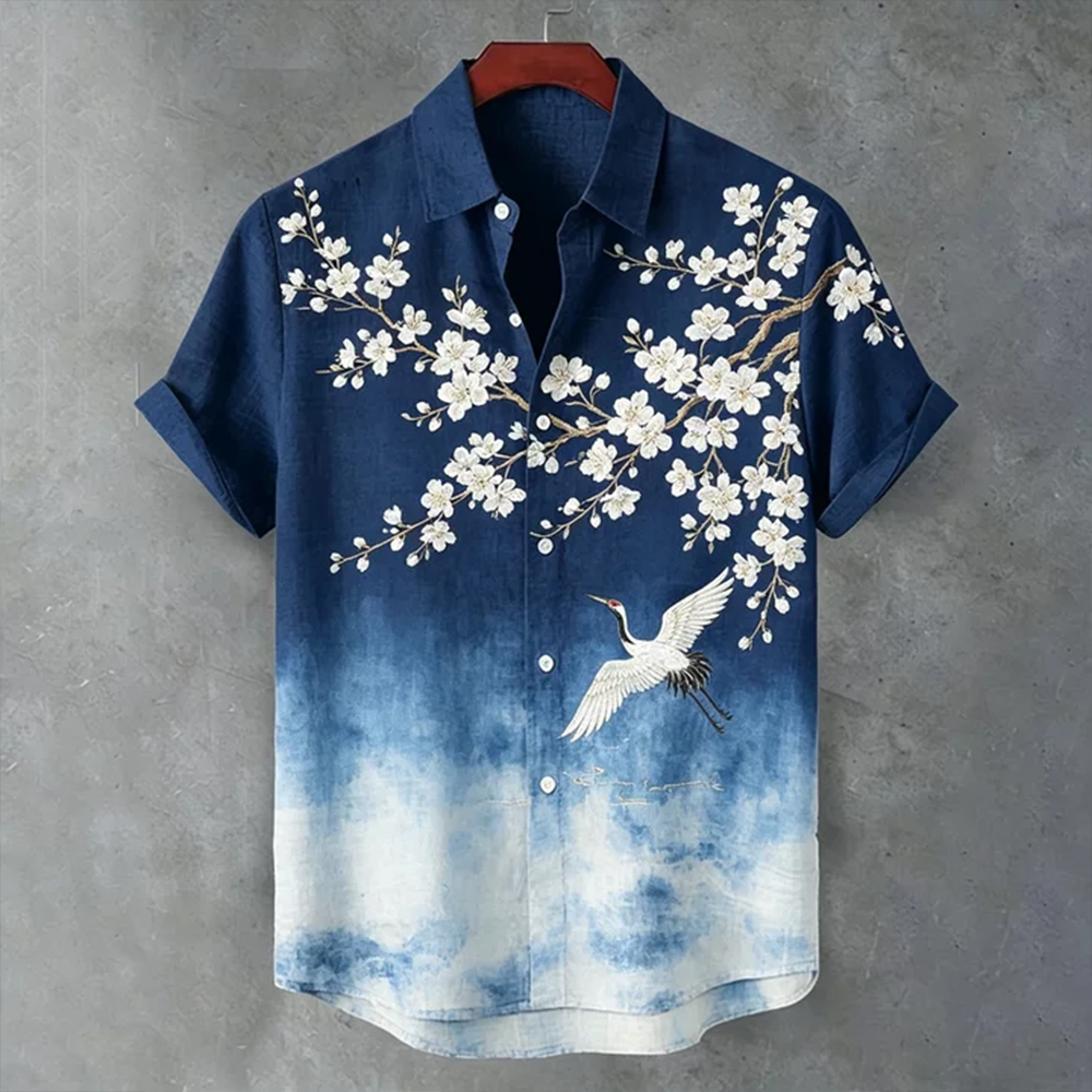 Comstylish Vintage-inspired Cherry Blossom And Crane Embroidered Art Gradient Open-front Short Sleeve Shirt
