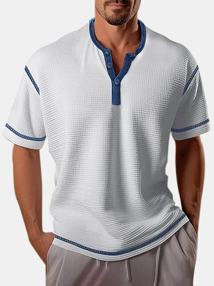 Men's Casual Waffle Solid Color Contrast Short Sleeve Henley Shirt