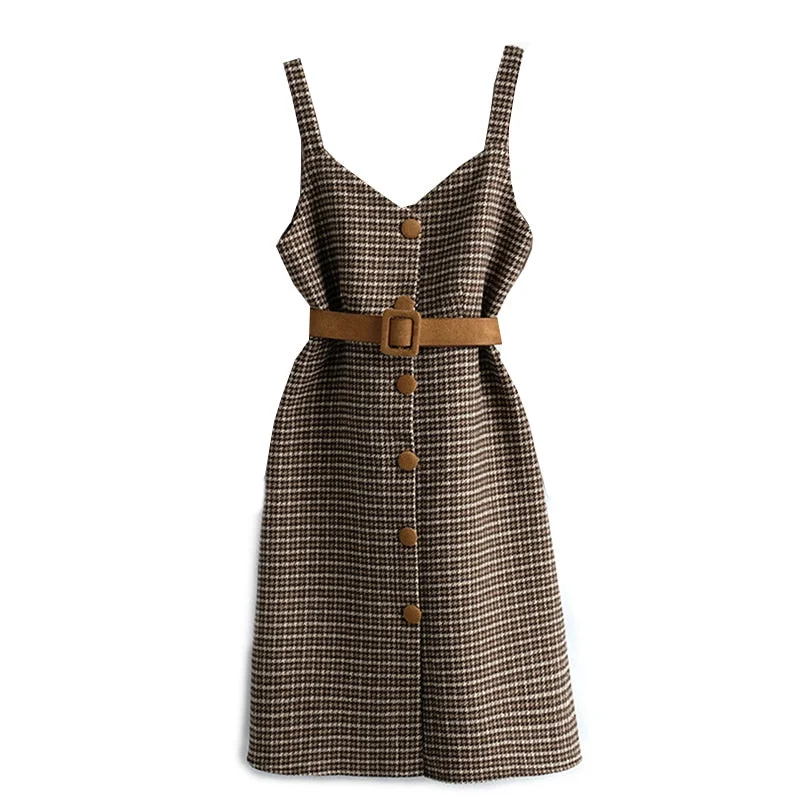 2020 Autumn Winter Woman Long Sleeves Knitted T-shirt + Tweed Blend Plaid Dress 2 pcs sets Female Outfits Free Belt