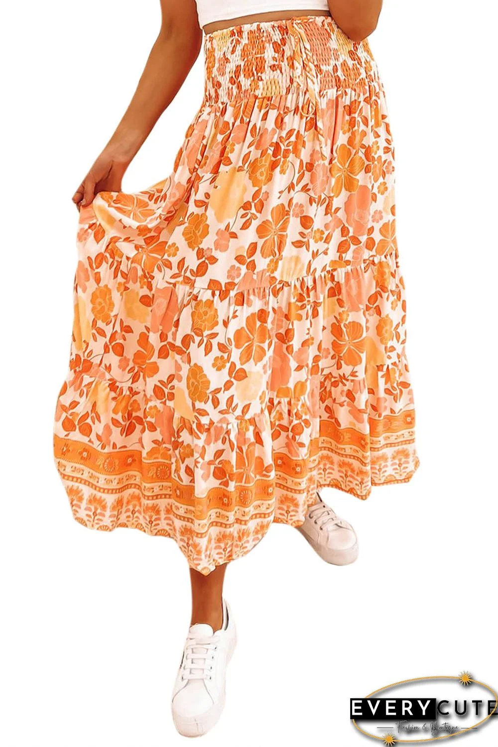 Orange Floral Print Smocked High Waist A-line Maxi Skirt