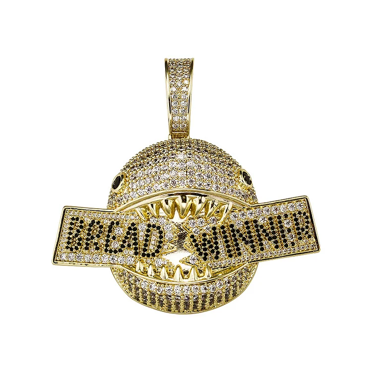 Iced Out Letter Bread Winner Pendant Necklace Bling Zircon Shark Badge Charm Hiphop Jewelry-VESSFUL