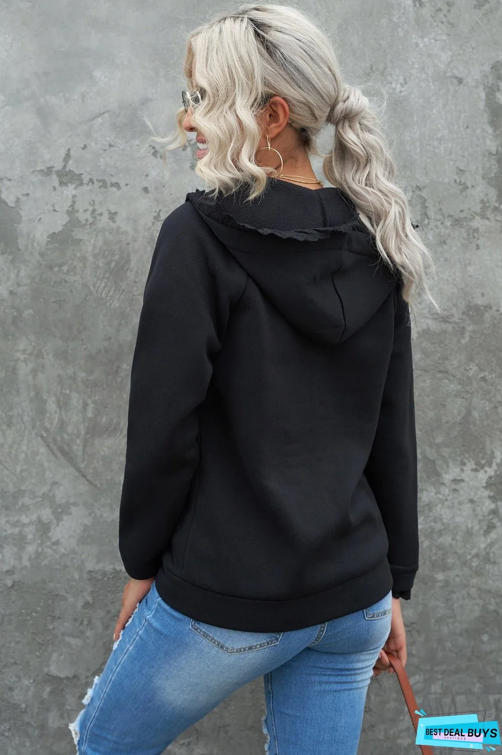 Lace Trim Zip-Up Hooded Jacket