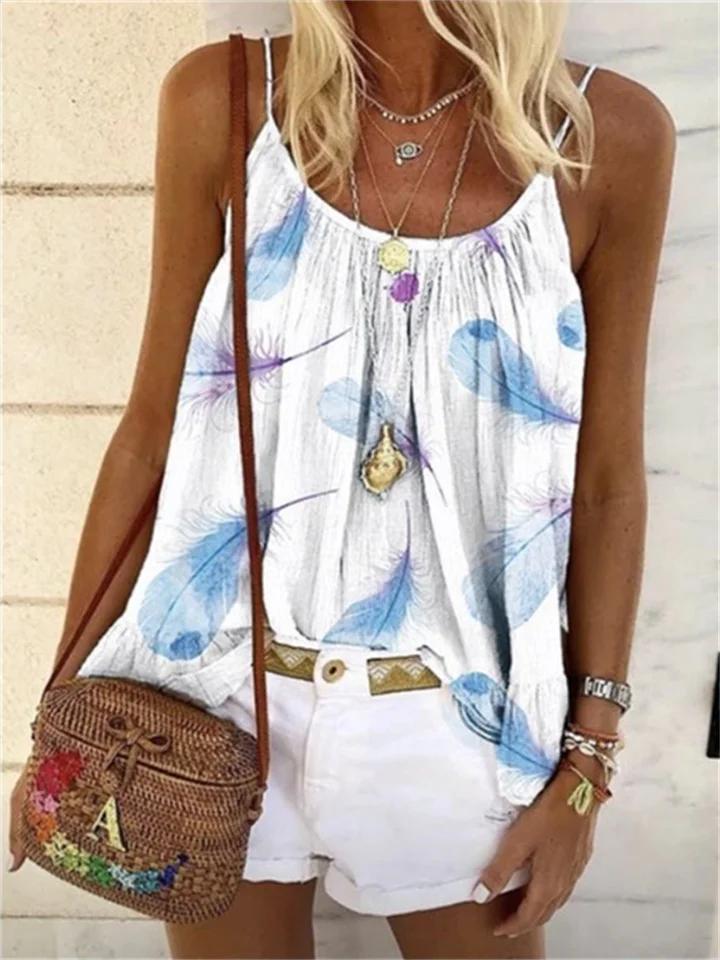 Summer Temperament Commuter Women's New Tops Round Neck Feather Print Loose Type Camisole Sleeveless T-shirt-Cosfine