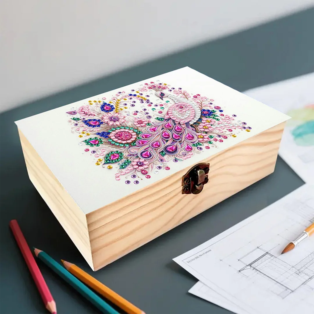 Peacock DIY Wooden 5D Diamond Art Diamond Art Storage Box for Adults Desktop