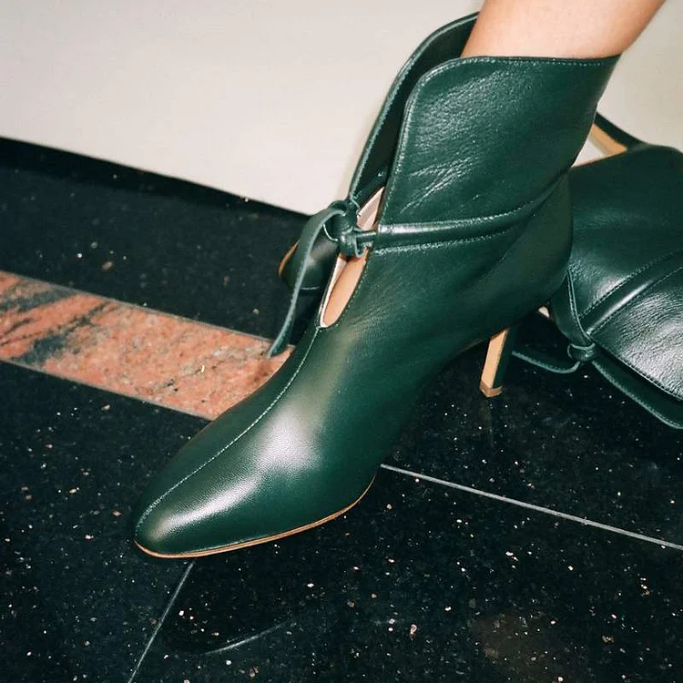 Green Vintage Ankle Boots Stiletto Heel Pointed Toe Low Cut Booties |FSJ Shoes