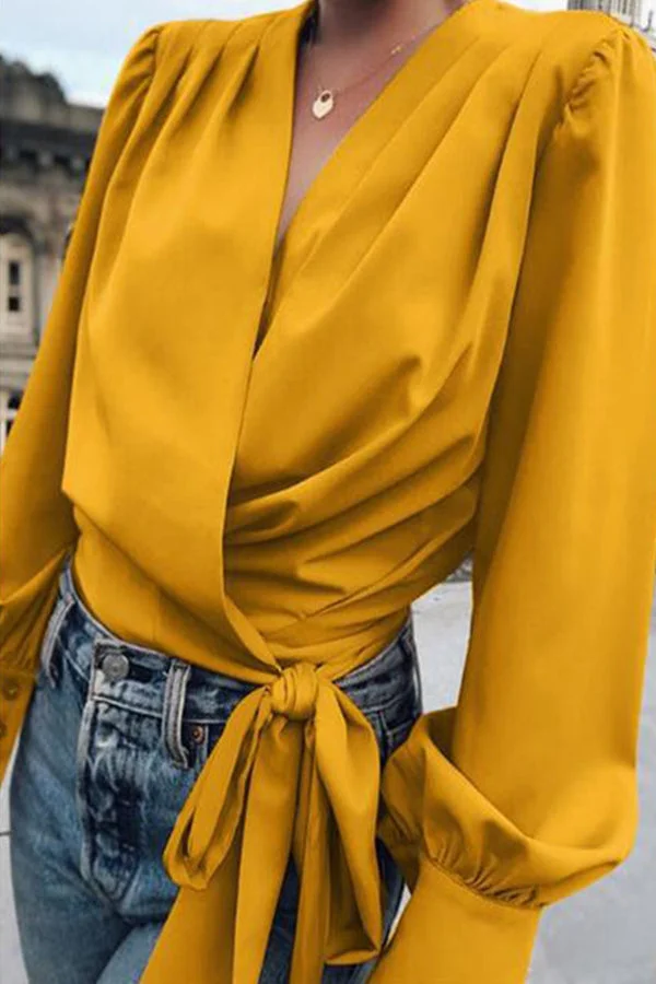 Elegant Print Frenulum Solid Color V Neck Tops