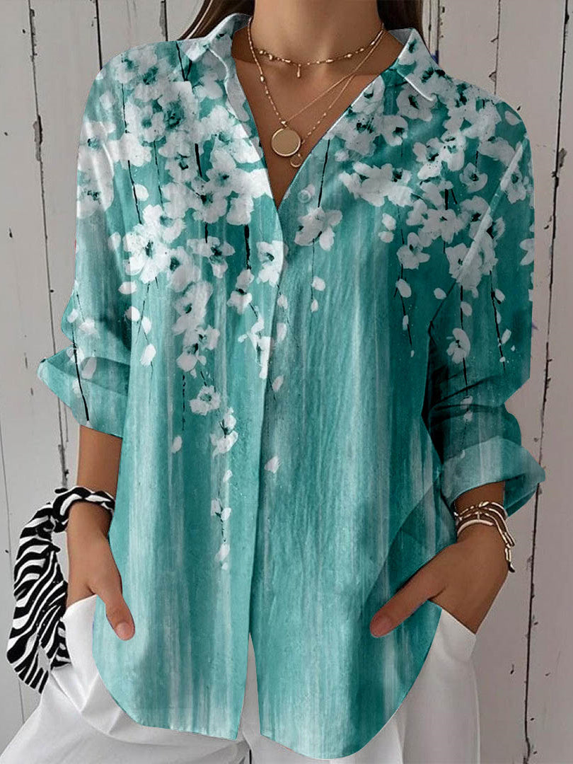 Women Long Sleeve V-neck Graphic Floral Printed Top