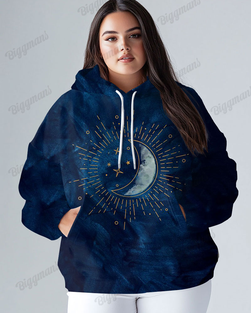 Women's Plus Tie Dye Sun & Moon Print Long-sleeved Hoodie